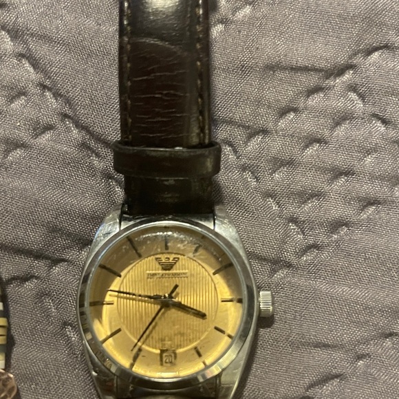 Emporio Armani Gold Dial Black Strap Watch - Picture 1 of 6